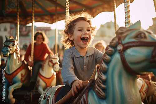 Little boy in amusement park playing on carousel with smiling face. Ai generate. © MOUNTAIN