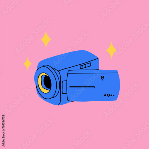 Retro video camera. y2k style, 90s 2000s electronic device, Nostalgia for 1990s. Digital multimedia record. Minimal design print and poster. Kawai sticker, cartoon flat isolated vector illustration