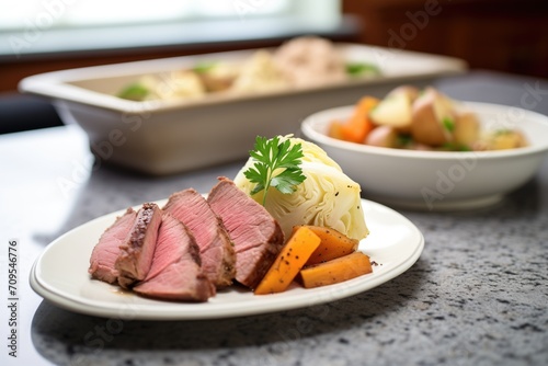 sliced corned beef on plate with steamed cabbage wedges photo