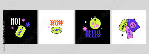 Cartoon y2k price tag. Shopping hanging labels. paper stickers for gifts. Empty notes on strings, Sale and discount cards. Promotional labels in modern style drawing. Vector isolated trendy comic set