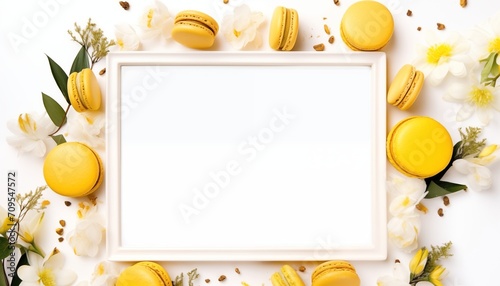 frame with pastel macarons and flowers in spring empty space for text