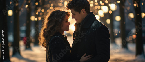 Beautiful young couple in love walking in the park on a winter evening.