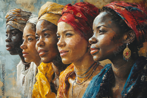 Sisterhood African beauty and diversity empowerment portrait showcases women in traditional head scarves with a rich palette, symbolizing unity and cultural pride photo