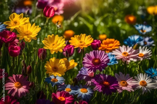 A resplendent spring garden adorned with a myriad of vibrant flowers  blossoming in various hues  the manicured lawn grass interspersed with a rainbow of petals