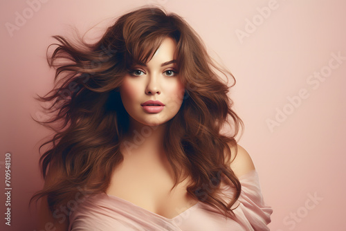 Beautiful plus size woman with brunette hair in fornt of pastel background
