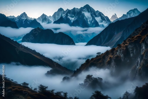 Majestic Himalaya Mountains shrouded in thick mist and fog, snow-capped peaks barely visible, creating an ethereal and mysterious atmosphere
