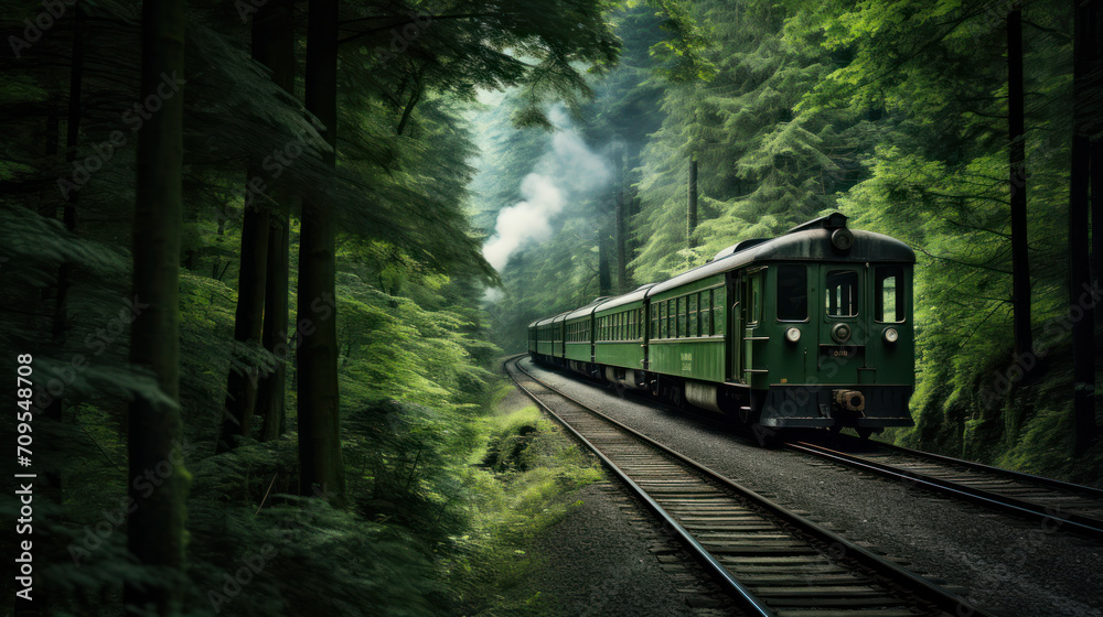 Retro steam train rushes along the railway track in forest.
