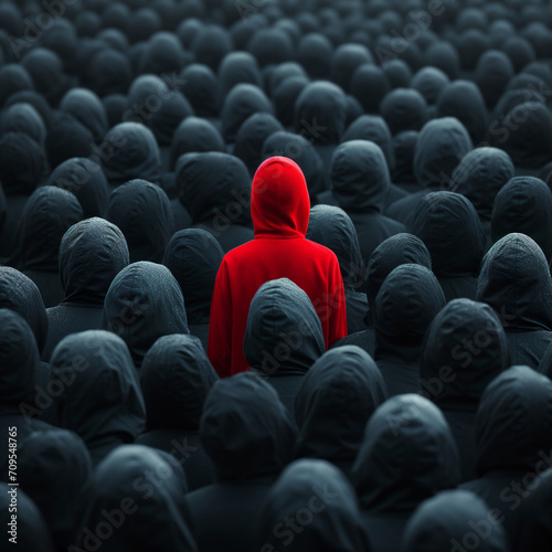 Different, unique, special concept image representing a person in red standing above the others in gray.