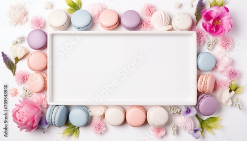 frame with pastel macarons and flowers in spring empty space for text