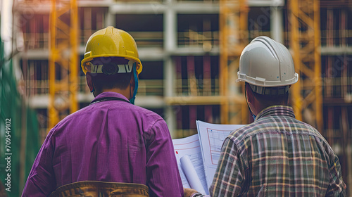 two construction workers looking at the blueprint of a house. house under construction