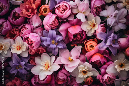 Beautiful bouquet of spring flowers as a background, top view.