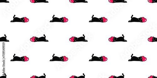 cat seamless pattern hug heart valentine vector sleeping black kitten calico munchkin neko cartoon pet doodle tile background gift wrapping paper illustration repeat wallpaper isolated design