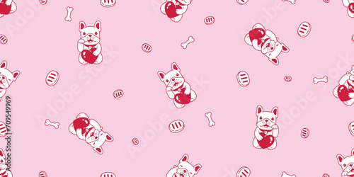 dog seamless pattern french bulldog heart valentine bone vector lucky cat maneki neko pet cartoon doodle tile background gift wrapping paper repeat wallpaper illustration scarf isolated design