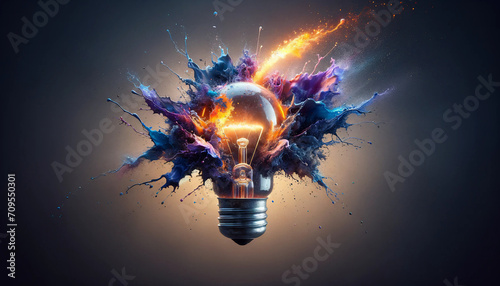 Creative light bulb explodes with colorful paint and splashes on a black background. Think differently creative idea concept. Generative AI photo