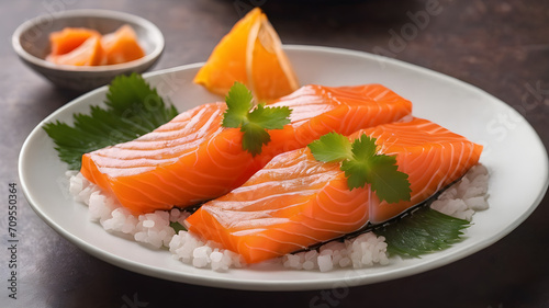 Fresh salmon sashimi, famous japanese food. Five pieces of orange color raw fish Served with cucumber on ceramic plate on dark background. Close-up salmon meat texture
