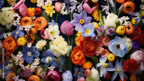 Colorful bouquet of spring flowers on a dark background close up.