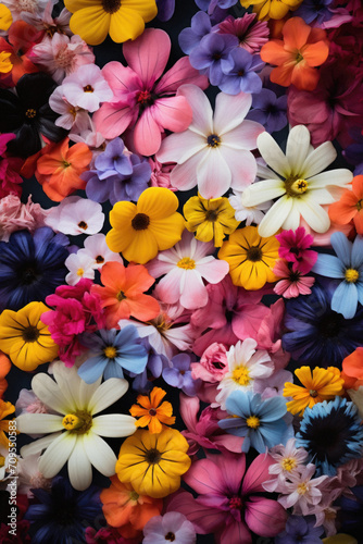 Multicolored flowers on black background, top view, flat lay.