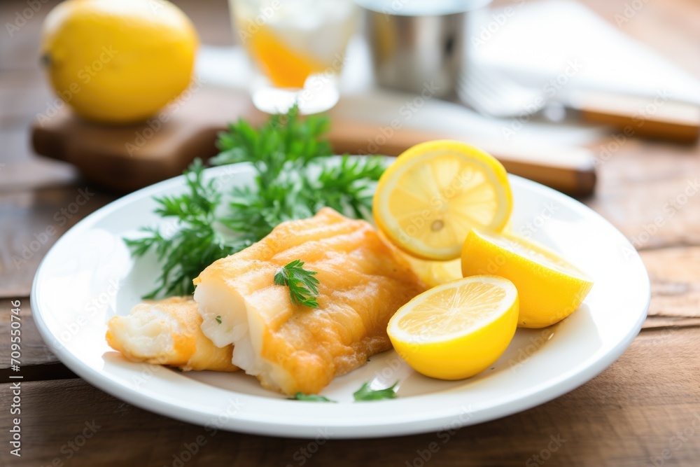plate of fish and chips with lemon wedge and parsley