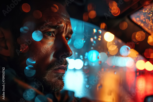 Close-up of an upset adult man driving a car looking away, portrait of the driver inside car on a rainy night photo