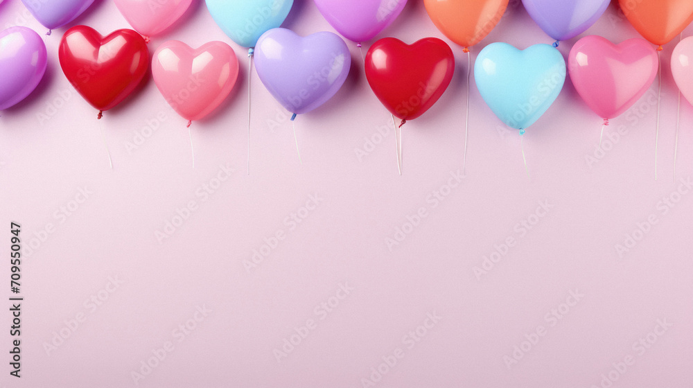 Colorful balloons in the shape of heart on a pink background.