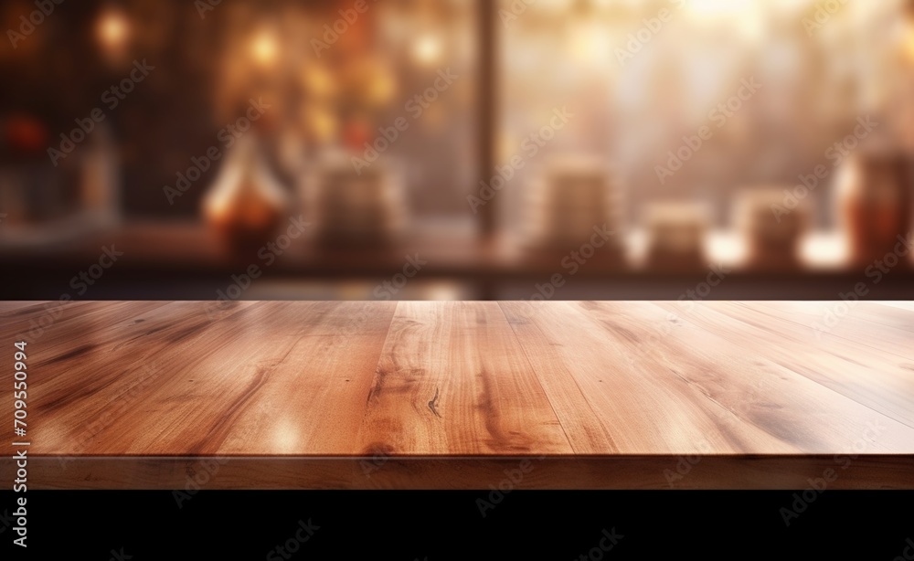 Wood table top on blur cafe background - can be used for display or montage your products. Wood table top on blur cafe background - can be used for display or montage your products.