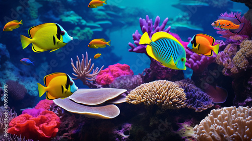 Yellow tangs and colorful fish in coral reef Pacific Ocean