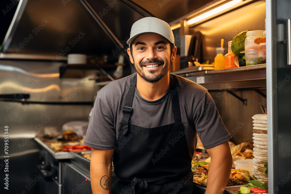 Male Chef in a Food Truck in the Street Food Scene Male Chef in a Food Truck in the Street Food Scene