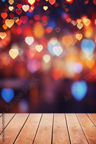 Wooden table in front of abstract heart bokeh background.