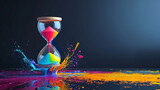 Hourglass with colorful splashes on dark background.