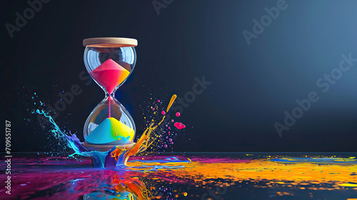 Hourglass with colorful splashes on dark background. photo