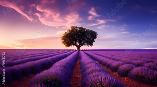 Lavender Field At Sunset, Lavender Sunset Field, AI Generated