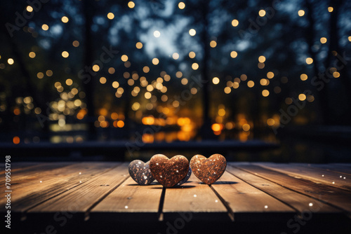 Valentines day background with two hearts on wooden table in front of bokeh lights.