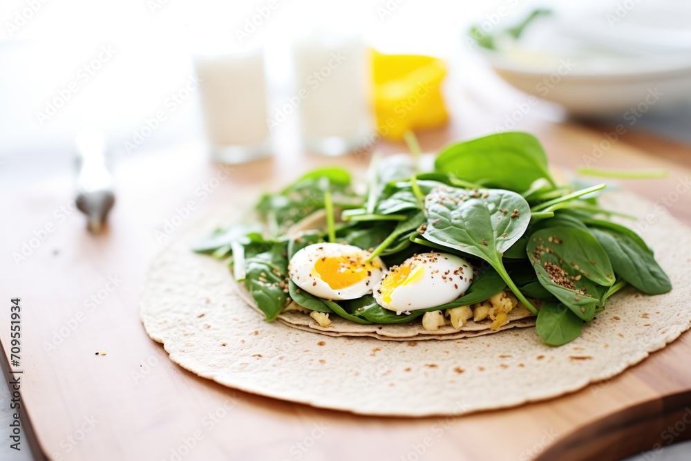 breakfast flaxseed wrap with eggs and spinach on a skillet - obrazy, fototapety, plakaty 