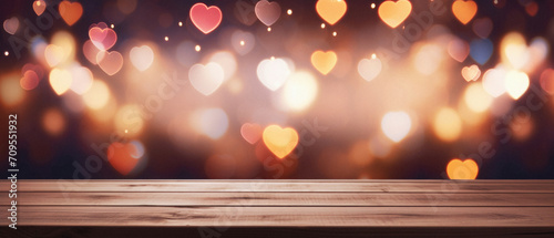 Wooden table and heart bokeh background. Valentines day concept.