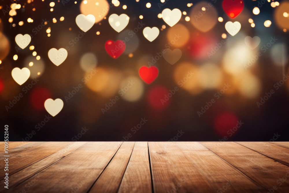 Wooden table with heart bokeh background. Valentines day.