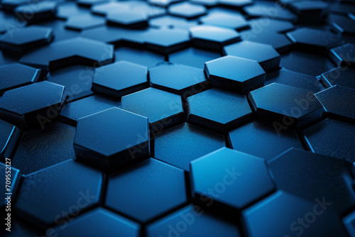 "Hexagonal Harmony: A Collection of Blue Hexagons Arranged on a Sleek Black Surface - Versatile Image Suitable for Various Design Projects and Backgrounds."