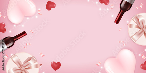 Valentines day vector banner template. Happy valentines day greeting typography with valentine elements of champagne, wine glass and gift with empty space for text and messages in red background.