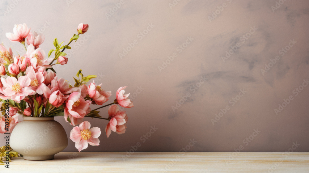 Bouquet of cherry blossom flowers in vase on wooden table.