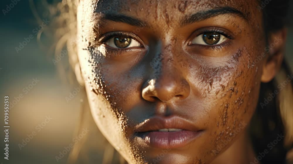 A tanned complexion displays a chiseled face, featuring high cheekbones and a determined expression carved with age.