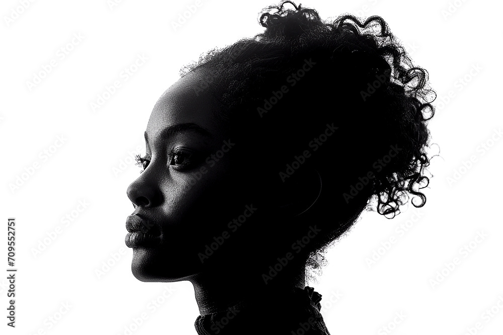 Dark silhouette of young african american woman on white background side view, the concept of anonymity.