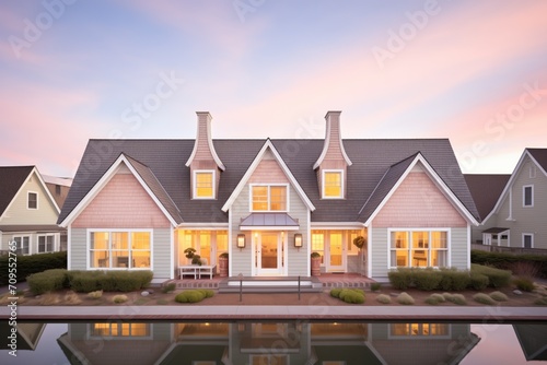 warm evening light washing over a cape cod and its symmetrical dormers photo