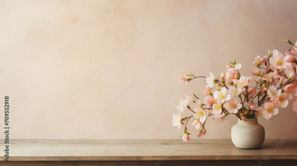 Vase of sakura flowers on wooden table with copy space.