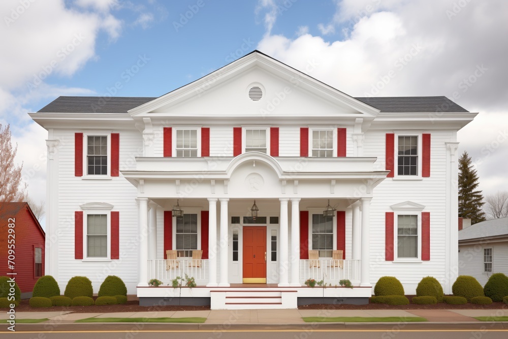 white colonial house, red door, twostory, symmetrical windows