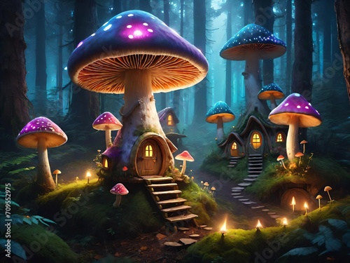 Mushrooms house in the forest. Fantasy theme. Generative AI.
