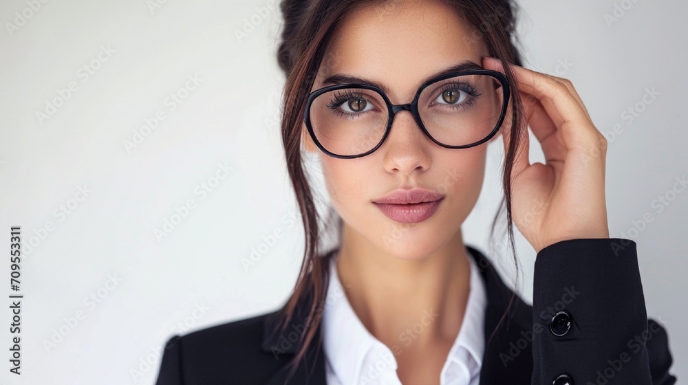 Against a white background, a close-up of a businesswoman wearing a sleek modern suit is shown fixing her glasses with a smart face