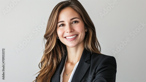 An image of a prosperous businesswoman wearing a well-tailored suit and exuding professionalism against a stark white background