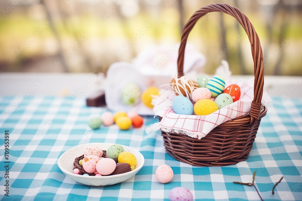 Fototapeta premium chocolate eggs in basket with easter candies
