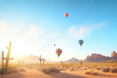 hot air balloons over desert sunrise