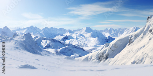 snow covered mountains in winter, Mountains landscape, panoramic mountain view of snow capped peaks and glaciers. 