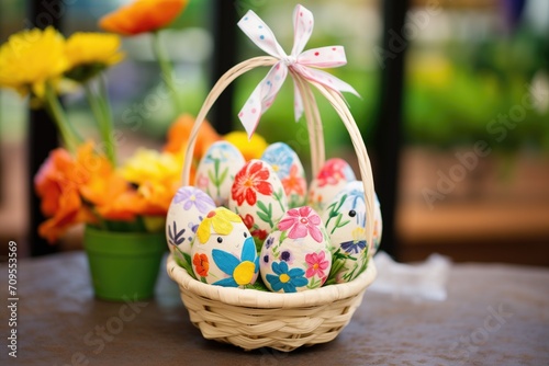 handmade paper mache eggs in basket with fabric lining photo